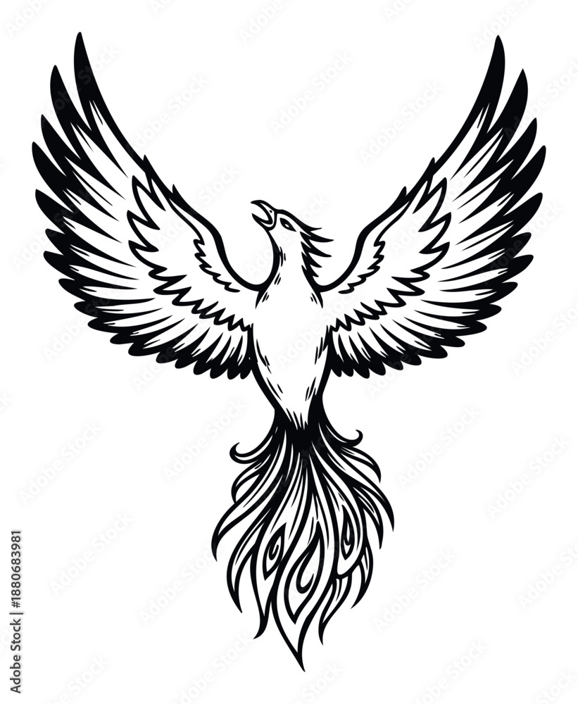 Fototapeta premium Majestic phoenix bird rising with powerful wings spread wide in a striking black and white minimalist graphic style, perfect for symbolic logos, brand identity, or spiritual design projects