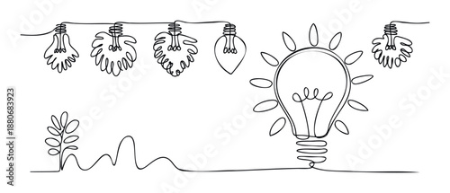 Continuous line drawing featuring decorative light bulbs, tropical leaves, and a plant connected to a radiating idea bulb, ideal for innovative presentations and inspirational design