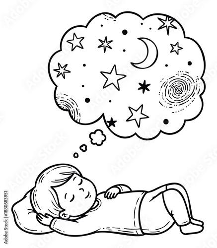 Peaceful child sleeps soundly, dreaming of a magical night sky filled with many stars, a crescent moon, and swirling celestial shapes, perfect for lullabies and childrens themes.
