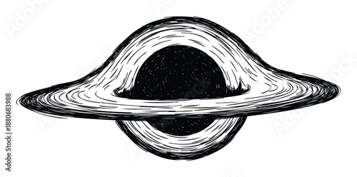 Hand drawn black hole with an orbiting accretion disk representing cosmic gravity and mystery, perfect for science fiction or astronomy education resources