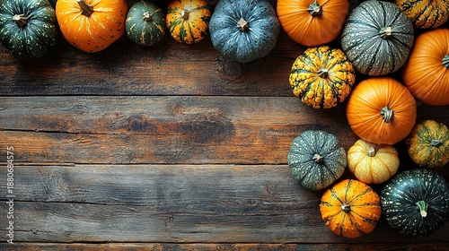 Autumn harvest pumpkins and gourds flat lay on rustic wooden table, top view with copy space for Thanksgiving design