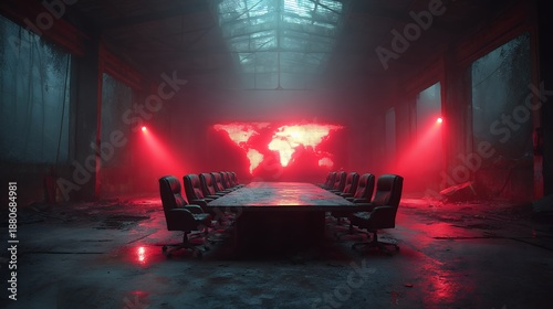 dark industrial war room with long table and world map