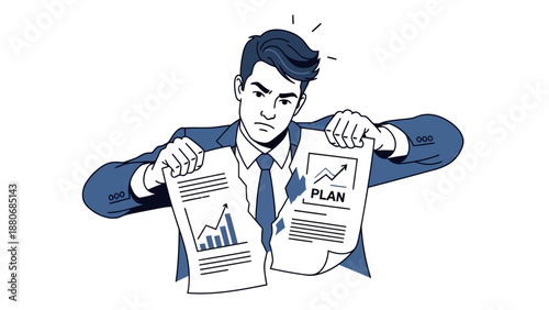 Man in suit tearing a document labeled PLAN with graphs