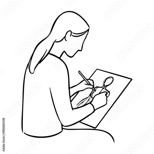 Logo estudio de diseño creativo. Dibujo minimalista con líneas de una mujer sentada dibujando con lápiz en un papel 