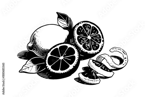 Black and white sketch of whole and sliced lemons with peel and leaves, hand-drawn style on white background, concept of citrus fruit freshness
