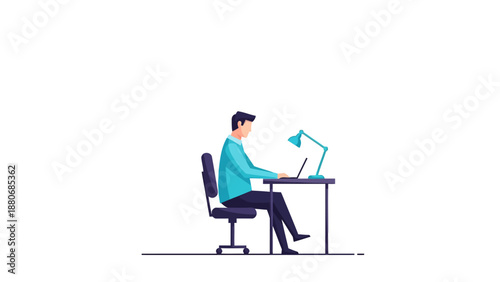 Man working on a laptop at a desk with a lamp