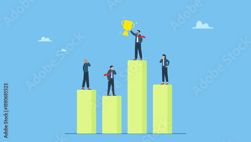 Business people compete on performance graph with one winner. Business competition, performance comparison chart between company profit or employee, winner and loser in contest, achievement.