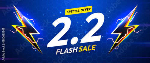 Dynamic 2.2 Flash Sale banner with lightning bolts. A vibrant promotional design for special offers.