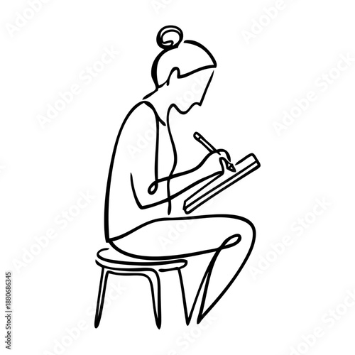 Logo estudio de diseño creativo. Dibujo minimalista con línea continua de una mujer sentada en un taburete dibujando con lápiz en un papel 