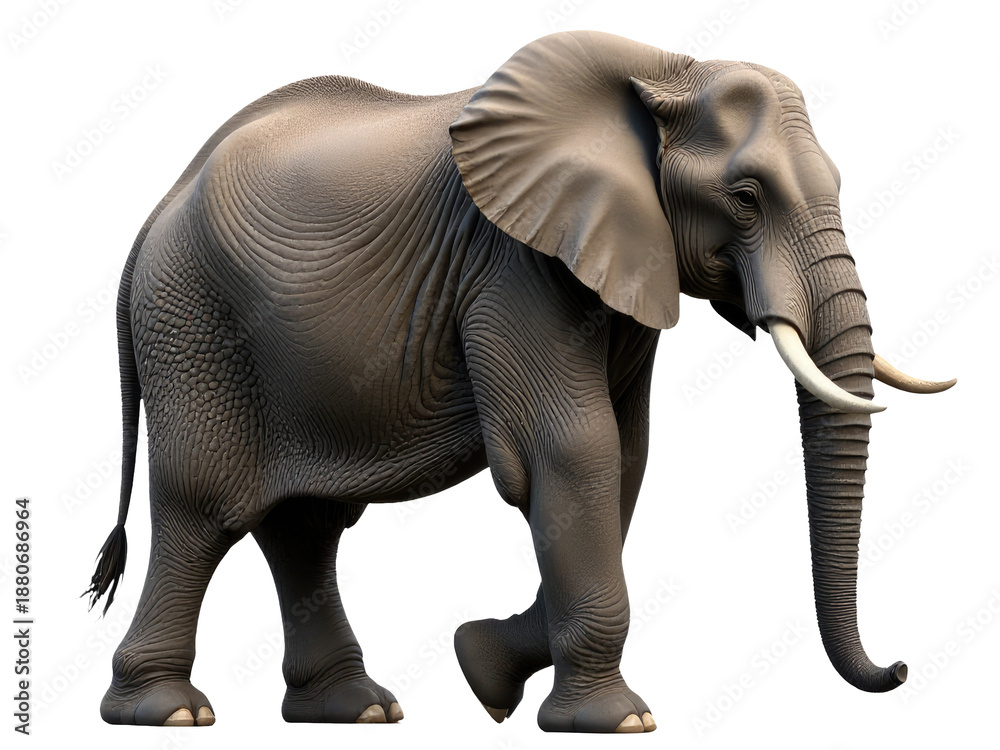 Fototapeta premium An elephant walks on a white surface, its tusks visible