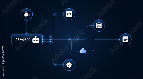 AI Agent algorithm workflow with automation programming icons for artificial general intelligence engine system, data analysis, coding development. Futuristic big data technology management flowchart.