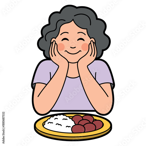 Happy Woman Enjoying Meal with Rice and Sausages