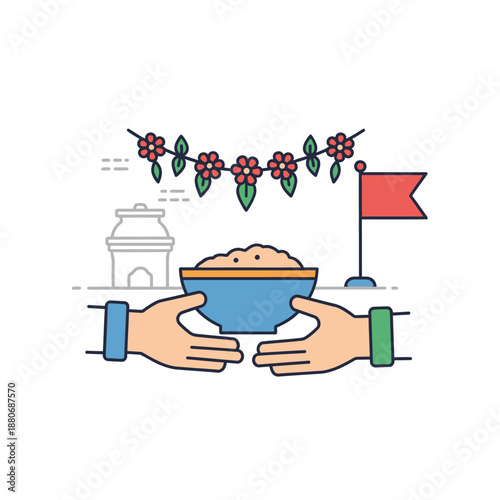 Hands offering bowl of food near landmark and flag, suggesting cultural event or welcome