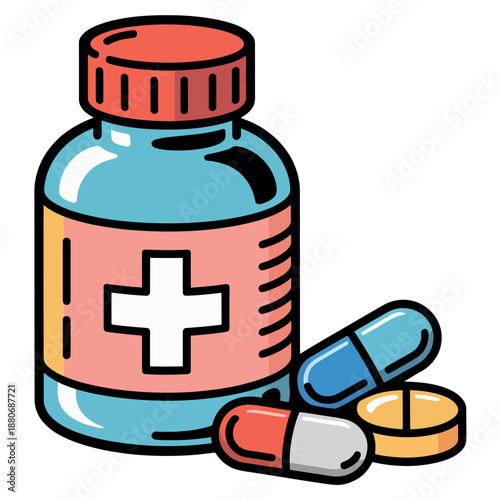 Colorful cartoon medicine bottle and pills illustration