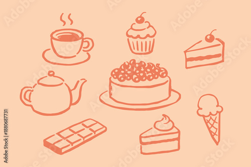 Dessert sweets and coffee doodle sketch vector illustration