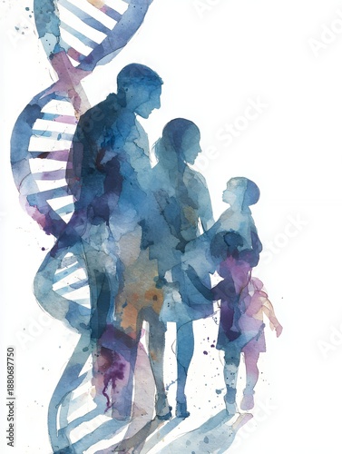 watercolor silhouette depicts a family with dna helix