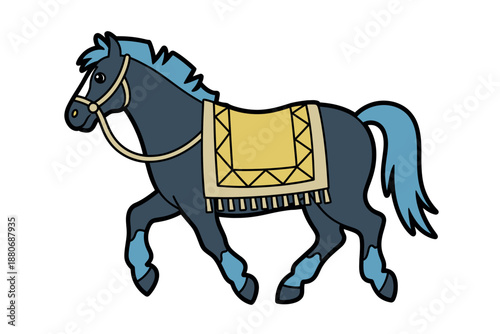 Cartoon Horse with Yellow Saddle Blanket and Blue Accents Running on White Background
