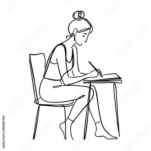 Logo estudio de diseño creativo. Dibujo minimalista con línea continua de una mujer sentada en una silla, dibujando con lápiz en un papel apoyado en una mesa 