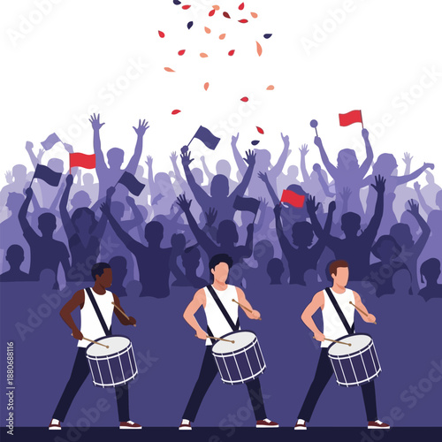 Drummers with crowd and flags, confetti falling during a parade or celebration event