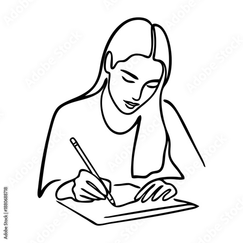 Logo estudio de diseño creativo. Dibujo minimalista con línea continua de una mujer sentada dibujando con lápiz en un papel 