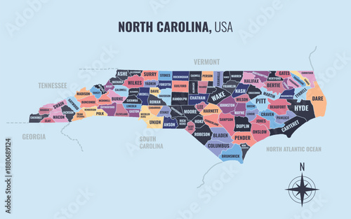 A map showing NC North Carolina USPS into County in a minimalist colorful style