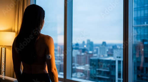 Young female with continuous glucose monitor (CGM) patch on arm standing near window. Diabetes health technology and modern urban lifestyle concept. Free Download Young female with continuous glucose monitor (CGM) patch on arm standing near window. Diabetes health technology and modern urban lifestyle concept. - GFXLoad
