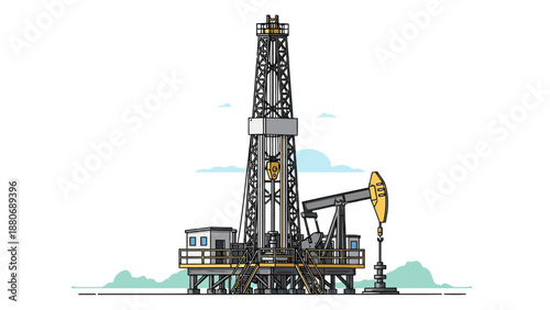 Oil rig and pumpjack on a platform with clouds and low hills