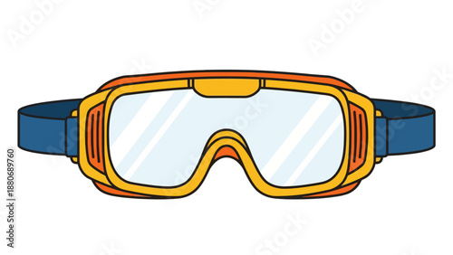 Orange and yellow ski goggles with a blue strap
