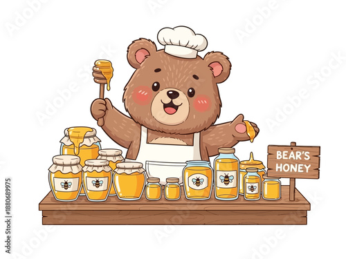 Brown bear holding honey dipper stick.