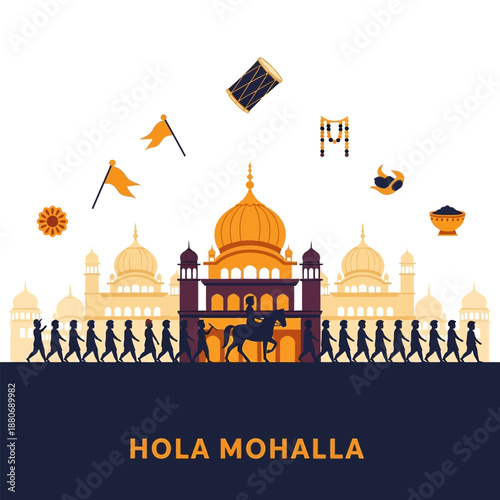 Hola Mohalla festival procession with horse riders and performers before a grand gurdwara