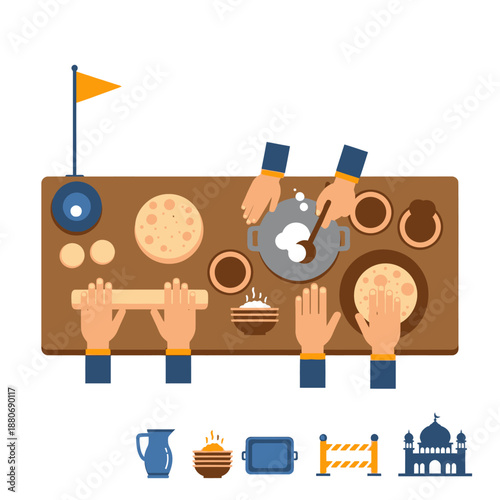 Hands preparing unleavened bread dough and cooking over a stove during a festive community gathering