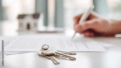 House keys on contract with person signing in blurred background near model home. Real estate closing, contract finalization, mortgage approval, moment of property transfer