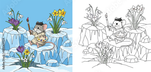 Cute cartoon mouse artist holding paintbrush and palette sitting on ice among blooming spring flowers vector illustration for seasonal design