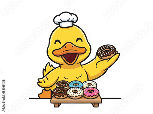 Cartoon duck holding chocolate donut.