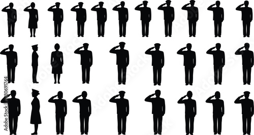 Collection of diverse silhouette figures saluting representing military personnel and civilians in uniform ideal for conceptual design elements and historical themes