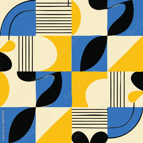 Modern geometric abstract seamless pattern with blue and yellow shapes. Bauhaus inspired vector background for textile design, wallpaper, and creative corporate branding