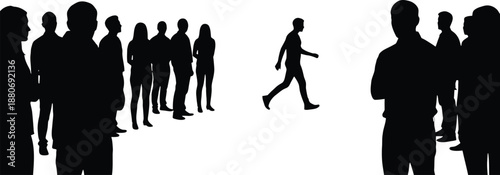 Silhouette of a man walking away from a crowd representing independence and individuality isolated on white background