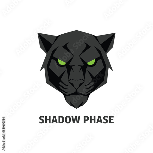 Fierce black panther head mascot with glowing green eyes for esport or gaming team branding featuring the text SHADOW PHASE at the bottom.