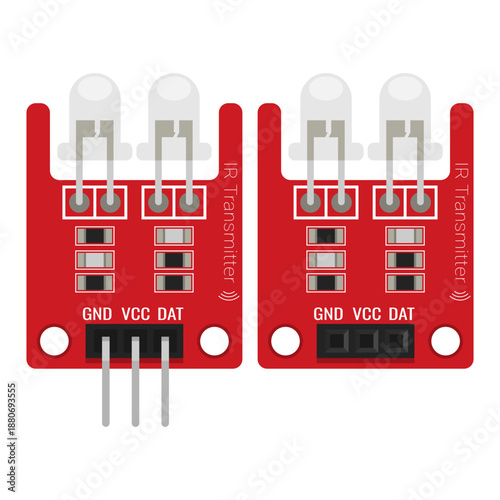 Two way infrared IR transmitter module set on transparent background. Technical vector illustration for electronics project documentation, microcontroller tutorials, industrial automation diagrams