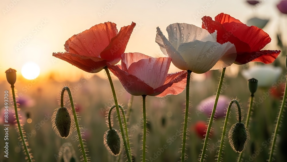 Obraz premium Vibrant poppies in a sunset field