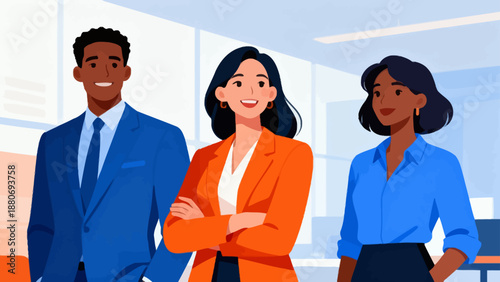 Three professionally dressed animated people