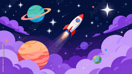 Rocket flying through colorful space