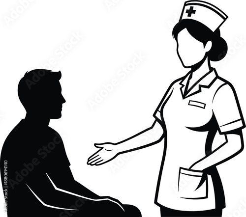 Female nurse attending patient silhouette, medical healthcare professional helping man, hospital clinic consultation icon, nursing care service vector, isolated black medical illustration,