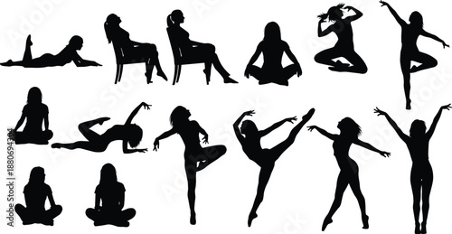 Collection of female dancer silhouettes set, expressive body poses including yoga, ballet and modern dance isolated on white background, fitness, flexibility