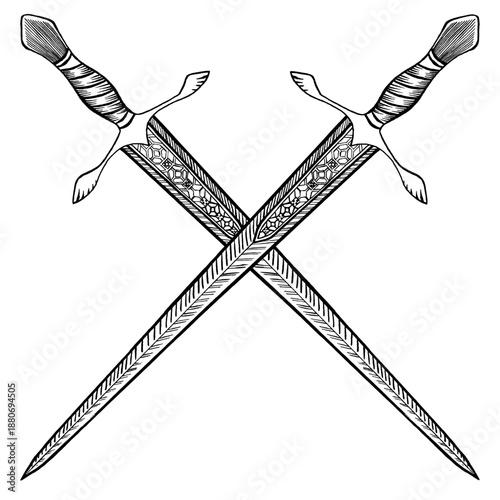 Black and white vintage illustration of crossed swords in engraved style. Detailed swords with ornate hilts and guards. Monochrome vector artwork on transparent background