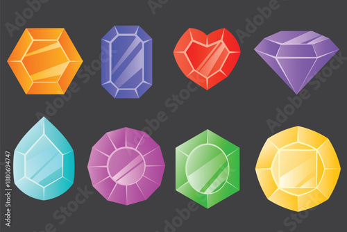 Collection of a shiny gemstones of different shapes. Vector illustration isolated on a dark background