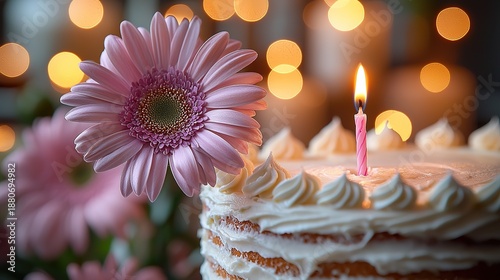 Minimalist birthday cake with one candle, pink flower and soft blurred lights background for greeting card and design