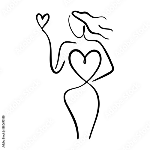 Dibujo de trazo único de mujer de pie con corazón para tarjetas y felicitaciones de San Valentín