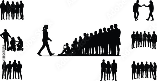 Collection of diverse silhouette people groups illustrating concepts of teamwork leadership and social interaction isolated on white background