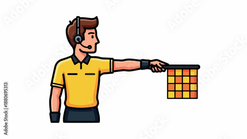 Illustration of a smiling man wearing a headset presenting a colorful traffic signal board against a plain white background.